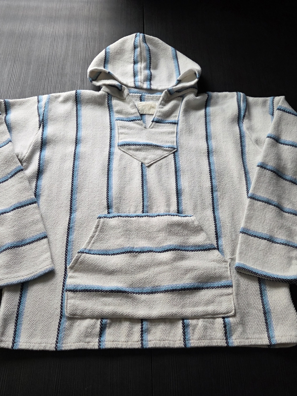 Earth Ragz Mens White Baja Pullover Hoodie Blue Striped Long Sleeve Size Large